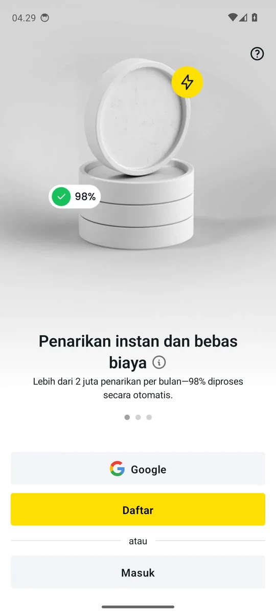 Layar pembuka Exness Trade dengan tombol Daftar dan Masuk