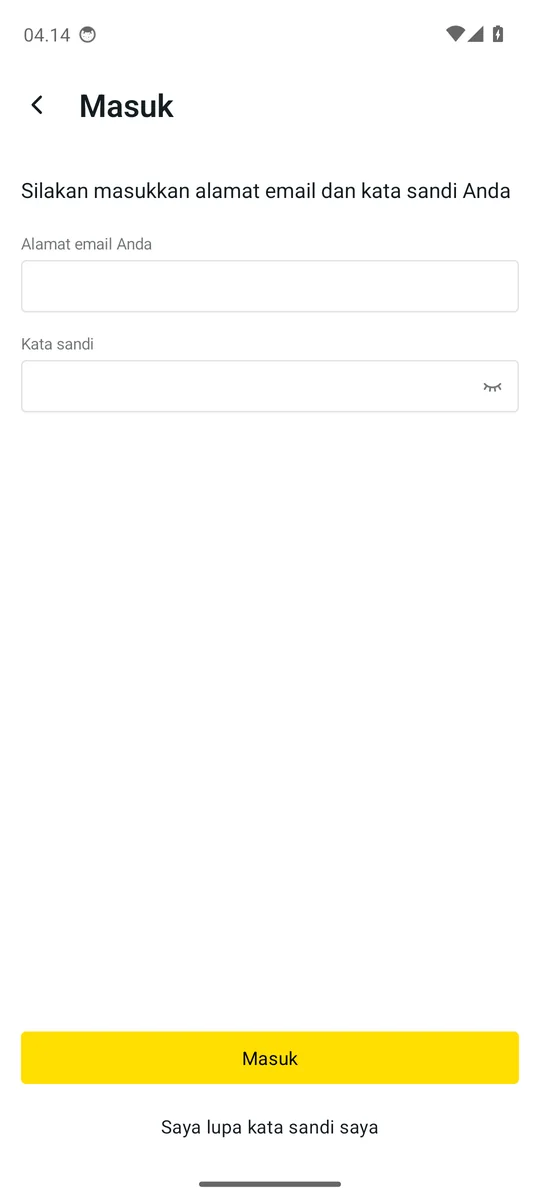 Formulir login aplikasi Exness Trade dengan kolom email dan kata sandi